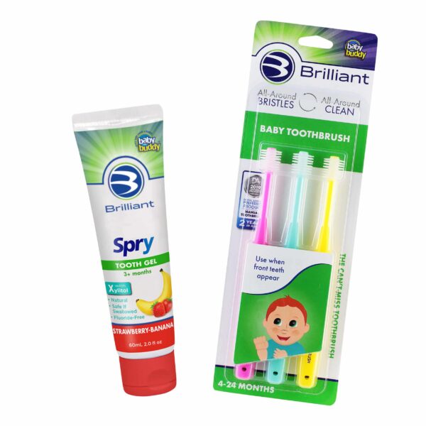 Brilliant SPRY Tooth Gel & 3pk Toothbrush Bundle - Pink, Blue, Yellow toothbrushes